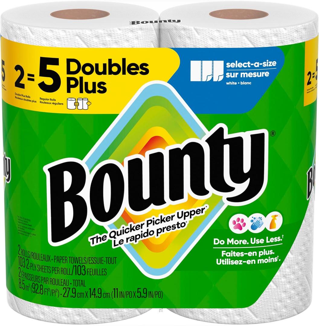 Bounty Paper Towels Select-A-Size, White, 2 Double Plus Rolls = 5 Regular Rolls