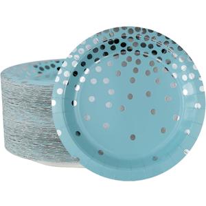 Ottin Blue and Silver Foil Dots Party Paper Plates 9'' Disposable Dinner Plates 120 counts for Birthday Party Wedding Decorations Bridal Shower Graduation Engagement