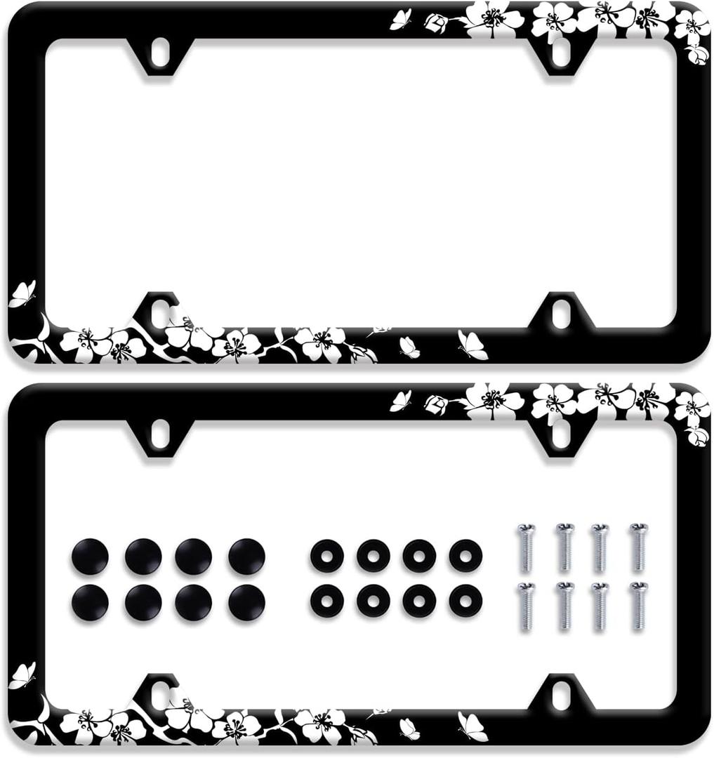 2Pcs Black White Cherry Blossoms License Plate Frame Floral Flowers License Plate Stainless Steel Parts Colorful License Plate Decorative with Screws Size 12.3" x 6.3" Men Women