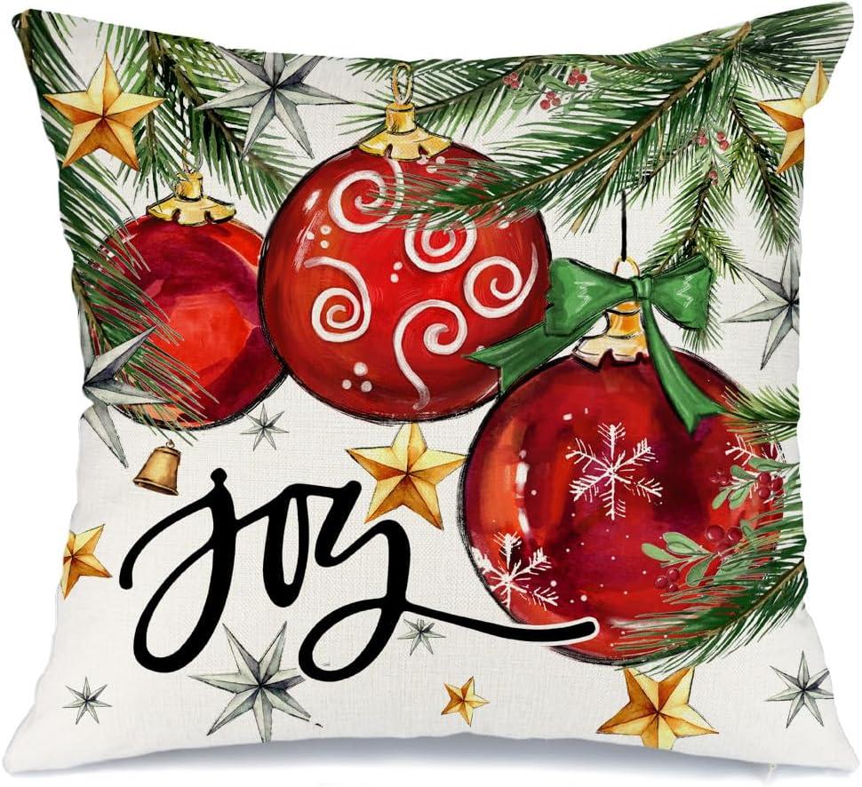 AACORS Christmas Pillow Cover 18X18 Inch Baubles Christmas Tree Stars Joy Decoration Holiday Farmhouse Winter Pillow Case for Sofa Couch DecorRed AA613-18