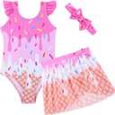 ALISISTER Girls Swimsuit Size 5t Ice Cream Bathing Suit 3 Piece with Cover Up Skirt Summer Beach Headband Swimwear, Size 5t 