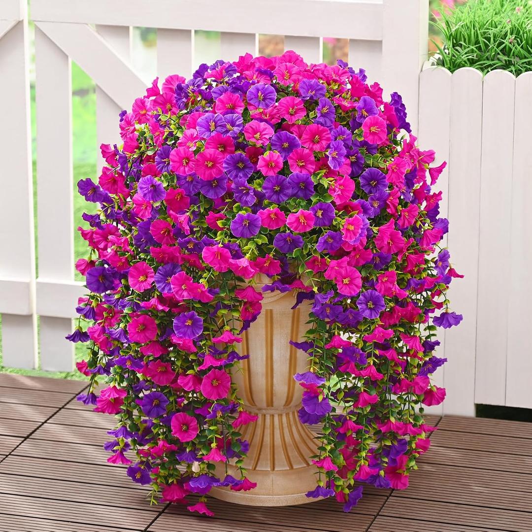 Dolicer 2 Packs Look Real Artificial Flowers for Outdoors, Fake Artificial Hanging Flowers for Outdoors Realistic UV Resistant Hanging Flowers Silk Petunia Faux Flowers for Porch Patio(Purple+Fuchsia)
