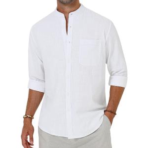 Alimens & Gentle Men's Cotton Linen Shirts Long Sleeve Button Down Shirt Band Collar Beach Shirts 3XL