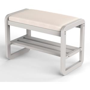 Solid Wood Shoe Rack, 2 Tier Shoe Storage Bench with Cushion Seat, 6 Pair Shoe Organizer for Entryway, Small, White, 24 Inch