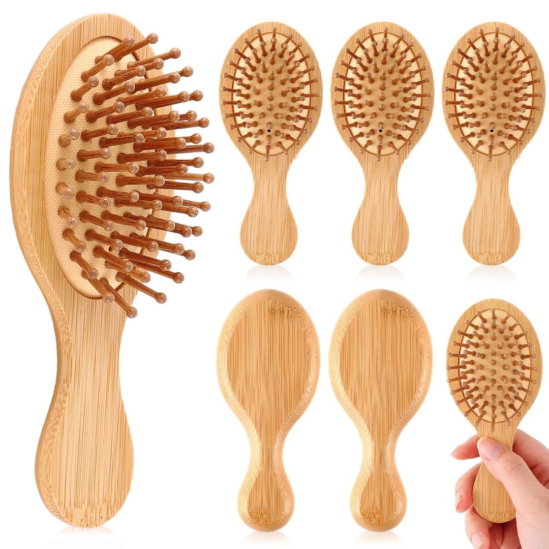 6 Pack Mini Bamboo Hair Brush Bulk Pocket Travel Small Hairbrush Massage Scalp Detangling Brush for Valentine Gifts Bulk Bridesmaid Party Favors (Oval)