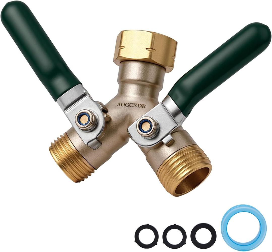 Brass Garden Hose Splitter 2 Way Heavy Duty Adapter, Y Splitter with Shutoff Valve Outdoor Faucet Splitter, 3/4 Inch GHT Thread Connection and Extended Handle Double Hose Bib Splitter