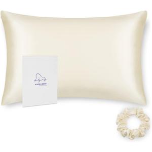 ALASKA BEAR Silk Pillowcase Standard Size for Hair and Skin Beauty Sleep 100% Organic Pillow Slip Case with Random Color Silk Scrunchie Gift Set (1pc, Cream) (Standard 20''x26'')