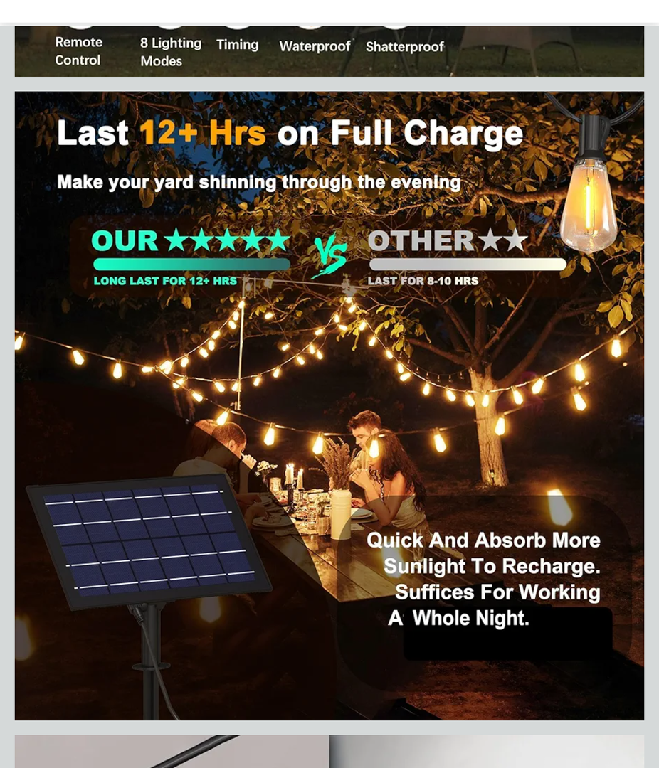 Stright Solar Powered String Light 100FT with Remote Control 8 Light Modes, Weatherproof Shatterproof ST38 LED Bulb 30 Sockets for Backyard Porch Cafe, Large Solar Panel