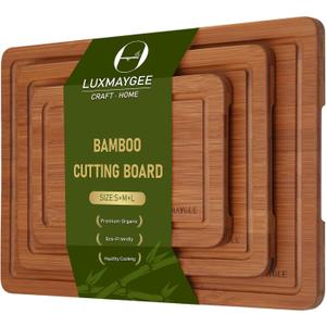 Bamboo Cutting Board Set, 3-Piece Carbonized Wood Cutting Boards with Deep Juice Groove, Non-Slip Feet & Handles – Durable Cutting Board for Meat, Vegetables, Fruits, Charcuterie, Ideal Kitchen Gift
