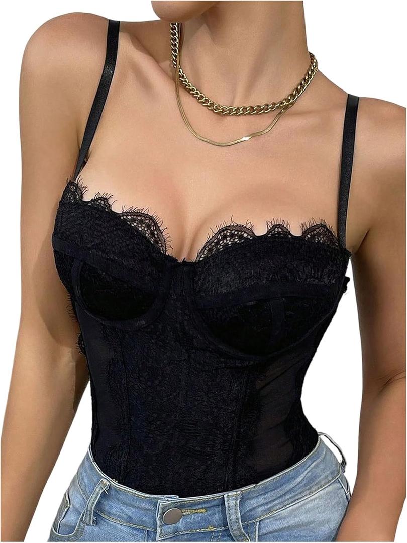 SweatyRocks Women's Lace Corset Shapewear Bodysuits Backless Sleeveless Thong Bodysuit Shirt Tops (X-Large, Black)