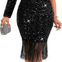 Women Sexy Sequin One Shoulder Long Sleeve Tassel Hem Bodycon Midi Dress Party Cocktail Dress Large