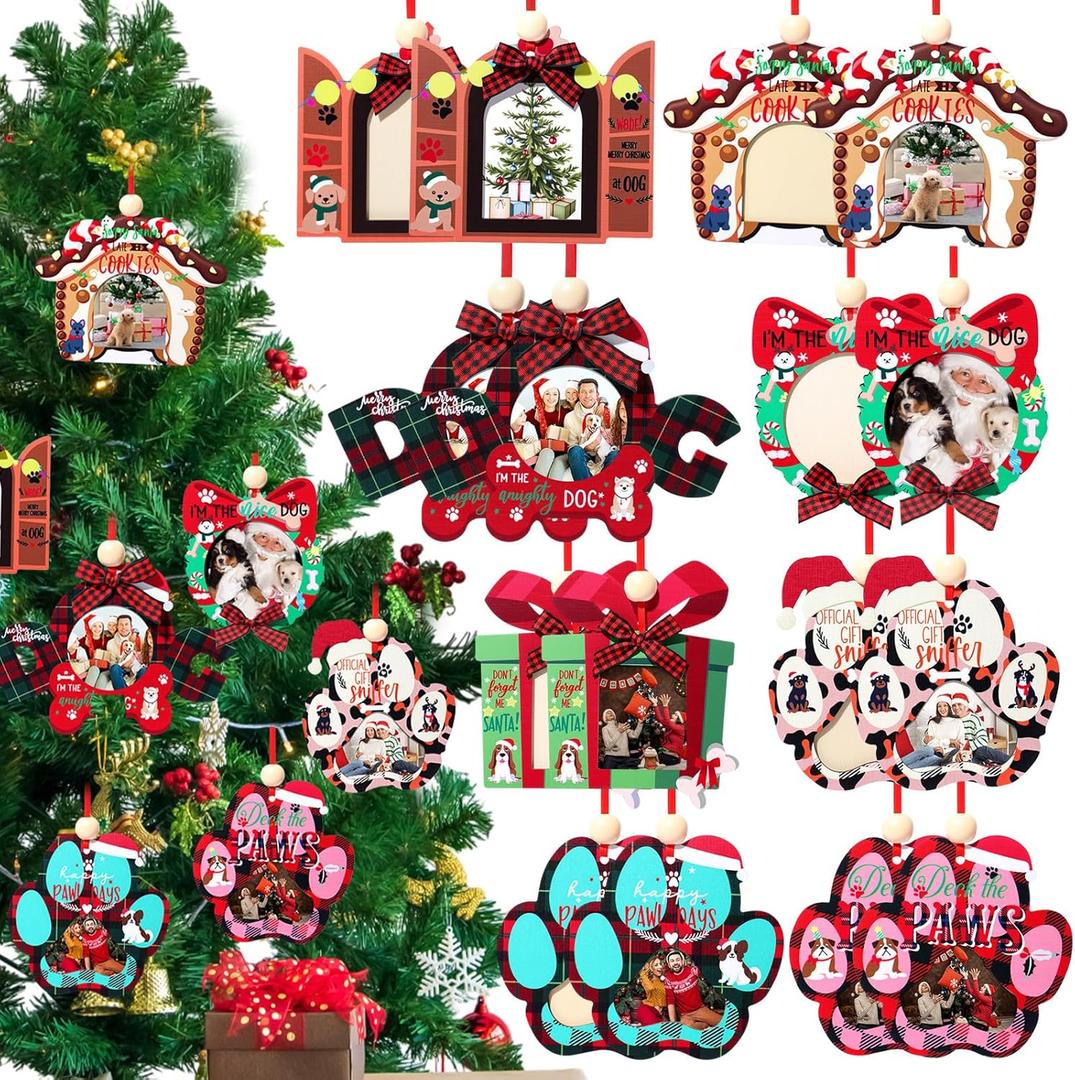 Jenaai 16 Pcs Dog Christmas Picture Ornament Craft Set, DIY Wooden Pet Keepsakes, Personalized Christmas Picture Frame Ornaments for Puppy Photos, Xmas Tree Hanging Decorations Gifts