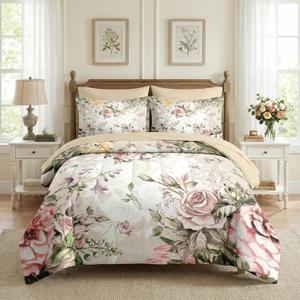 Nesker 7 Pcs Comforter Set Queen Size, Vintage Flower Summer Bedding Set for Kids and Adults, Rose Floral Shabby Chic Sheets Bed Sheet Sets with Fitted Sheet 2 Pillowcases & 2 Shams