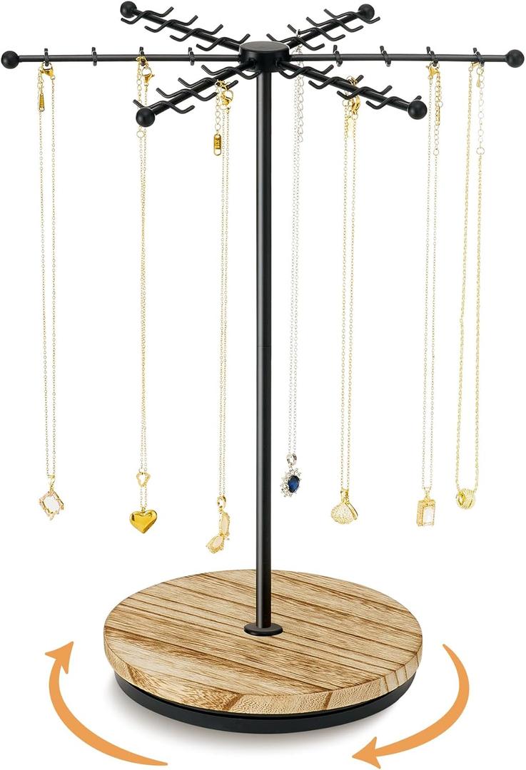 Poyilooo Necklace Holder Jewelry Stand, Rotating Necklace Holder Organizer with 48 Hooks for Necklace Earring Keychains Bracelet Display Stand, Metal Necklace Tree Stand -Gifts for Women (Black)