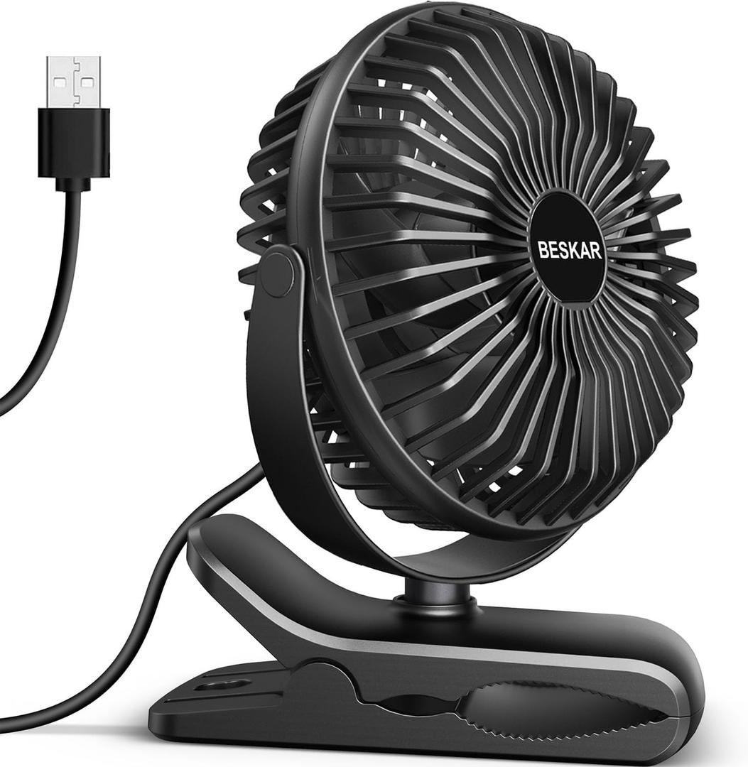 BESKAR Small Clip on Fan, 3 Speeds USB Fans with Strong Airflow, Clip & Desk Fans USB Plug in with Sturdy Clamp - Ultra Quiet operation for Office Dorm Bedroom Stroller (Dark Black)