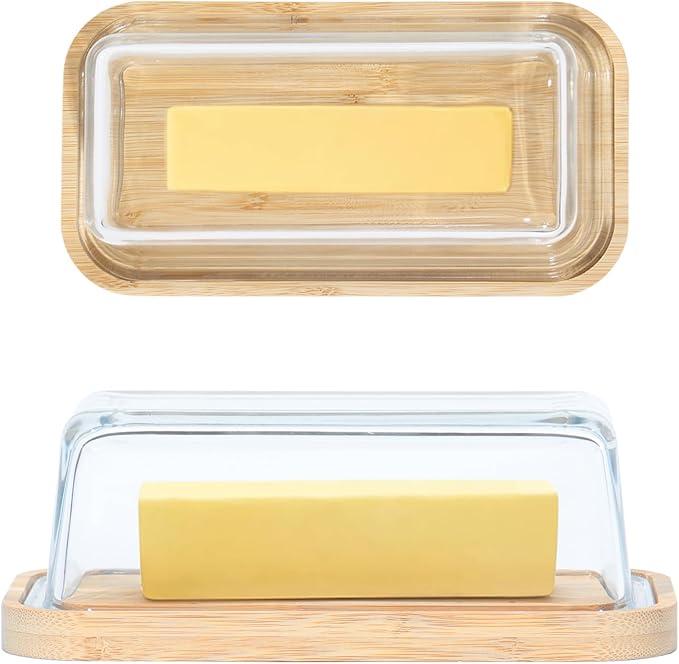 GREELUE Butter dish with lid for countertop and refrigerator, Butter container for West/East Coast Butter, Butter Keeper (Glass)