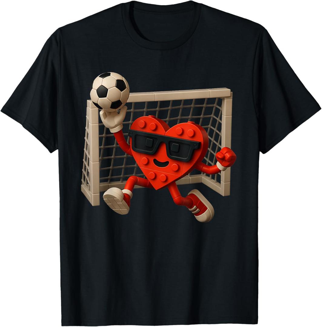 Goalie Valentines Day Soccer Heart Building Brick Boys Kids T-Shirt (Large,Black)