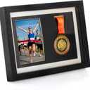 Hacaroa Medal Display Shadow Box, Single Medal and Photo Display Frame Case, Wood Marathon Medal Storage Box for Runners, All Sports Winners, Military Awards, Black (13"Lx9.5"W)
