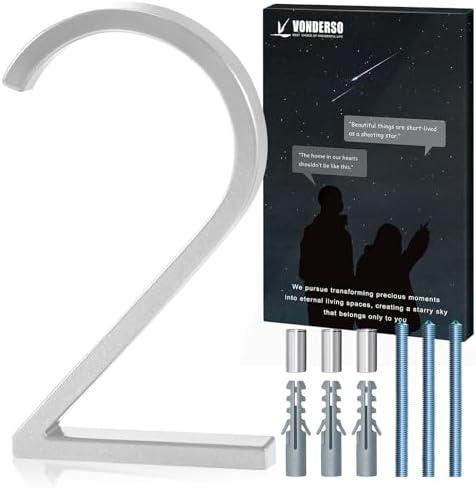 VONDERSO 6 Inch Floating House Numbers for Outside,Modern Metal Address Number 2,Durable Weather-Resistant Silver Powder Coated Finish,No Fading (Glossy Silver)