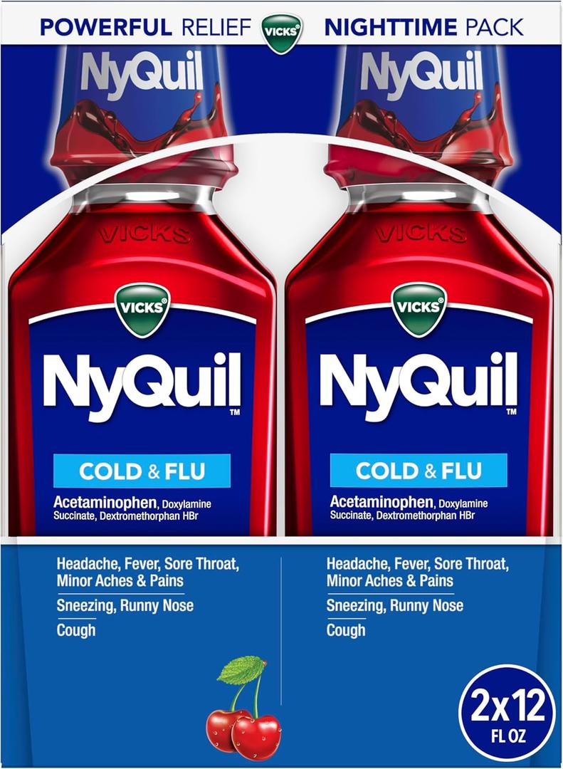 Vicks NyQuil, Nighttime Relief of Cough, Cold & Flu Relief, Sore Throat, Fever, & Congestion Relief, Cherry Flavor, Twin Pack, 12 FL OZ