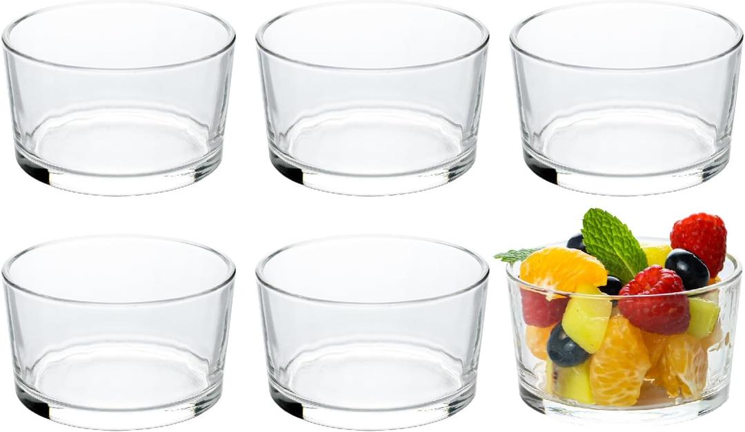 HillSpring Glass Small Bowls, 7.5oz, Set of 6, Clear Mini Bowls for Dips, Sauces, Desserts, Side Dishes, Pudding, Fruit and Charcuterie Boards, Pinch Bowls for Meal Prep, HS-ROUNDBOWL-6PC