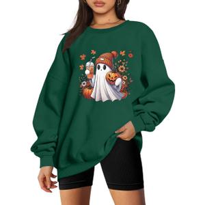 MNLYBABY Halloween Sweatshirts Women Cute Ghost Shirt: Oversized Coffee Lover Fall Pumpkin Sweater Spooky Hoodie Top (Green, S)