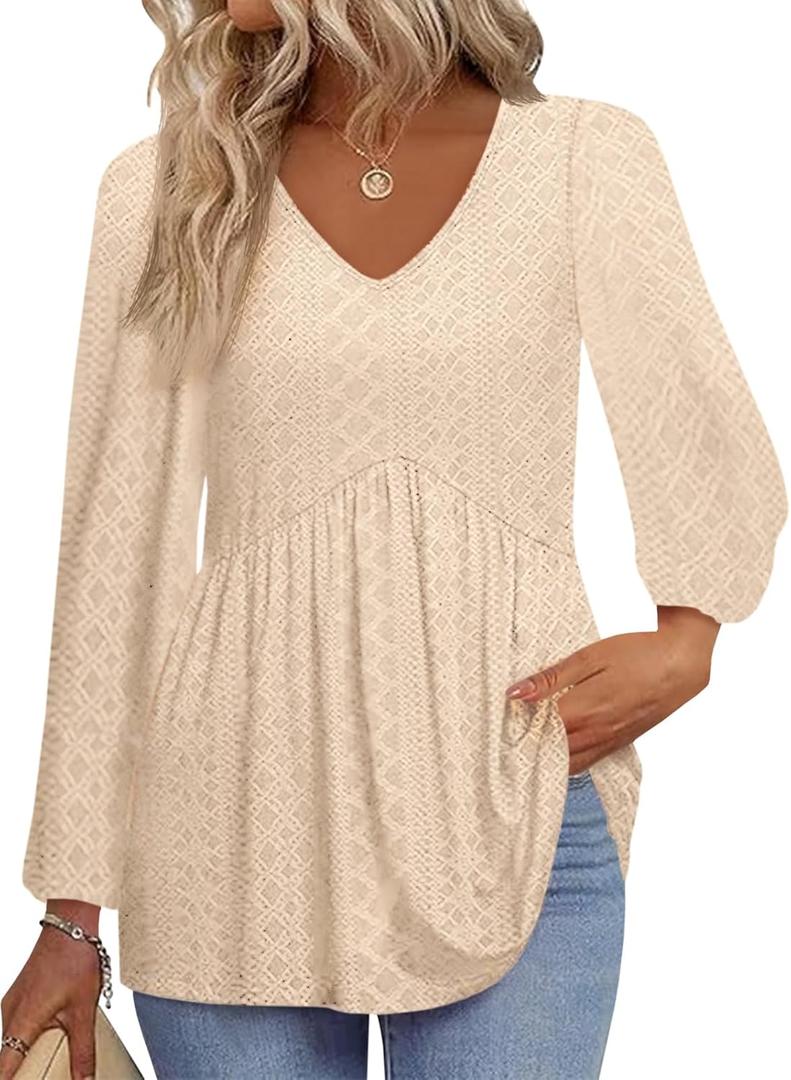 Tankaneo Womens Long Sleeve Shirts V Neck Loose Fit Tunic Tops Babydoll Peplum Top Flowy Dressy Casual Blouse Eyelet T-Shirt (XX-Large)
