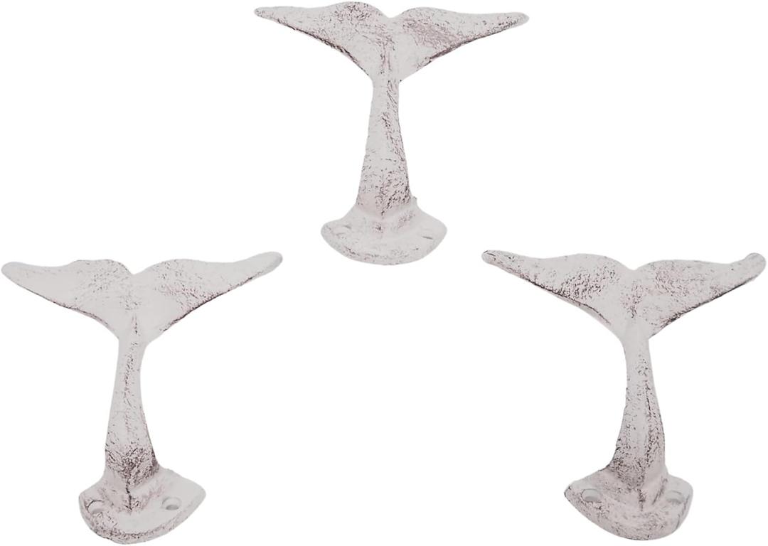 Distressed White Whale Tail Cast Iron Wall Hooks, Wall Mounted for Hanging Coats, Purses, Towels, Hats, Beach Themed Wall Dcor, Set of 3, 4.75 Inches High