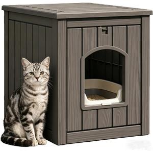 Cat Litter Box Enclosure, Multi-Functional Enclosed Cat Litter Box Furniture, Outdoor Cat House Weatherproof, Openable Front Door & Raised Floor, Easy to Clean & Assemble, Grey