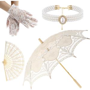4 Pcs 32'' White Vintage Lace Parasol Umbrella Handheld Folding Fan Set Rhinestones Pearls Necklace Lace Gloves Set for Women Bride Wedding Tea Party Halloween Costume