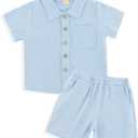Linen Baby Clothes for Summer Vacation & Beach Hiking, Linen Short with Cotton Linen Top for Girls & Boys (6-7Y, Blue)