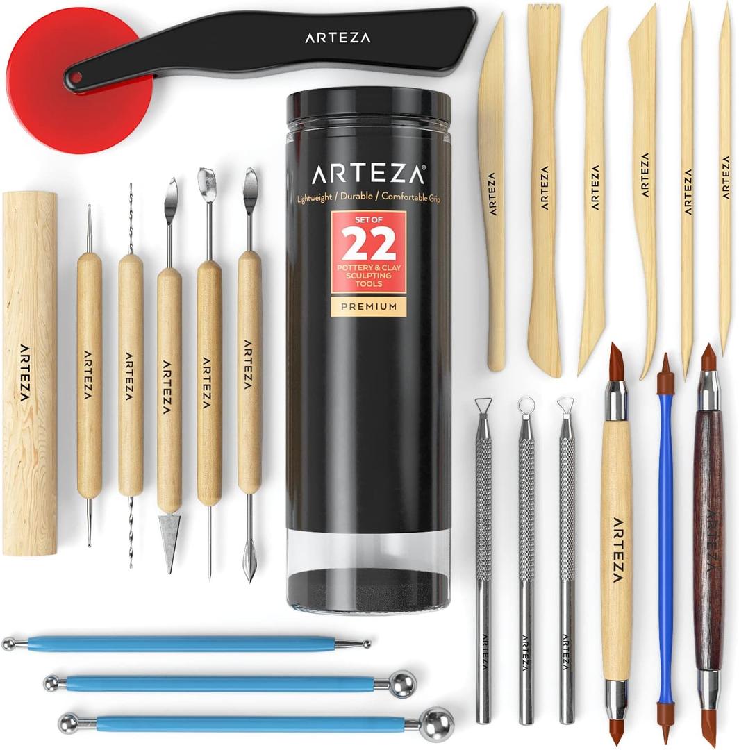 ARTEZA Pottery & Polymer Clay Tools, 22-Piece Sculpting Set with Steel Tips and Wooden Handles, Craft Kit for Pottery Modeling and Carving
