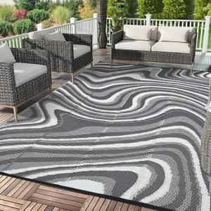Garvee Outdoor Rug 9x12 Modern Waterproof Outdoor Plastic Straw Rug, Grey