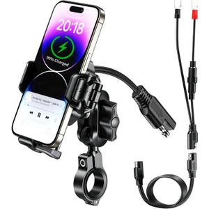 BRCOVAN Motorcycle Phone Mount Handlebar Holder with Qi 15W Wireless Charger & 36W PD/USB C Fast Charging Port, Anti-Theft, with Vibration Dampener, 1s Lock & Release, Camera Friendly, Adjustable Size