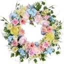 Sggvecsy 20 Inch Spring Wreath with Artificial Flower Colorful Roses Daisies Hydrangea Eucalyptus Floral Wreath for Easter Front Door Easter Summer Farmhouse Wall Home Window Decor