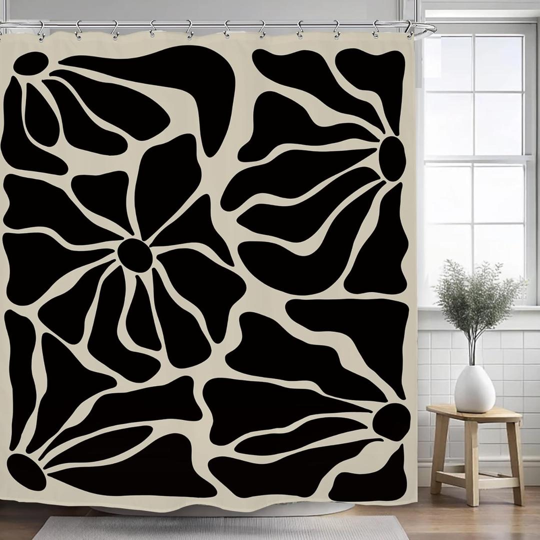 Kalmico Abstract Matisse Flower Shower Curtain 60Wx72L Inch Retro Vintage Aesthetic Minimalist Black Modern Bathroom Set Accessories Decor with 12 Pack Hooks