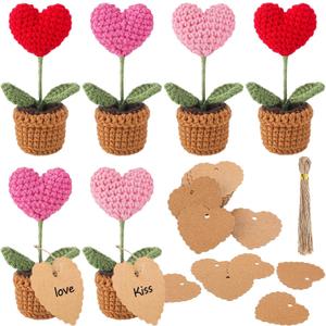 Hotop Mothers Day Crochet Heart Gifts Handmade Heart Potted Plant Artificial Knitted Plants with 50 Tags Strings Anniversary Birthday Mom Women Teacher Coworker Gift(Red, Pink, Rose Red,6 Pcs)
