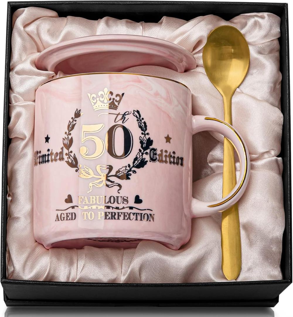 50th Birthday Gifts for Women Her, Fabulous 50 Aged to Perfection, 14oz Gold Pattern Coffee Mug, Cool Gifts Idea for Turning 50 Year old Mom, Wife, Daughter, Sister, Friends, Aunt, Nice Gift Boxed