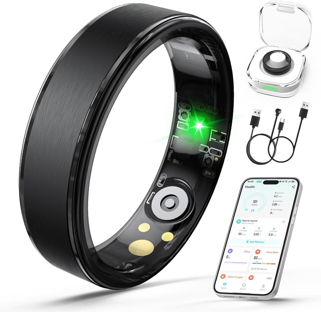 Smart Ring for Women Men, Health Fitness Tracker Ring with Heart Rate/Sleep Tracker/Blood Oxygen/HRV/Stress/Calorie/Steps, IP68 Waterproof for iOS & Android, No APP Fees(Black,6#)