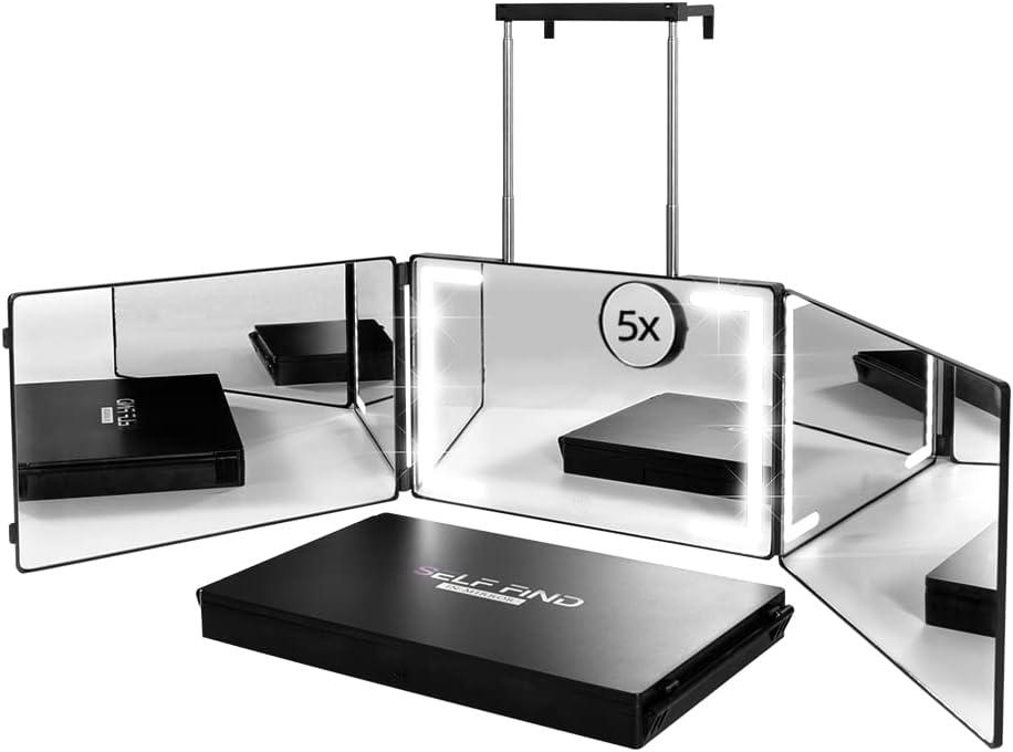 Self Find-3 Way Mirror for Self Hair Cutting with Ring Light, Rechargeable 360 Mirror for Hair Tools, Light and Height Adjustable