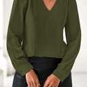 dowerme Womens Tops 2026 Spring V Neck T-Shirts Long Sleeve Shirts Lace Crochet Work Blouses Dressy Casual Loose Tunics (Green, S)