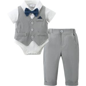 DISAUR Baby Boy Clothes Toddler Boy Outfits 4PCS Gentleman Dress Romper/Vest/Pants/Bow Tie Cotton Suit Sets (3-6 Months, Grey 2)