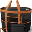 2026 Chic & Spacious XX-Large Beach Bag for Women  Mesh  Canvas Tote with Top Zipper, 11 Pockets, Detachable Pouch | 40L+ Spacious, 11 Tall Pockets, Zipper Pouch, Secure Zip-Top, Sand-Resistant Base (Black and Brown)