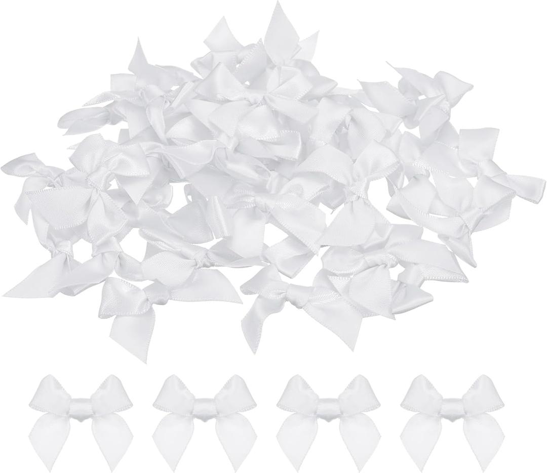 MECCANIXITY 50Pcs Mini Ribbon Bow Mini Fabric Satin Ribbon Flower Bows for Craft DIY Sewing Wedding Birthday Party White