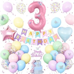 3rd Birthday Decoration for Girls,Easter Pastel Rainbow Macaron 3rd Birthday Balloon Number 3 Balloon Butterfly Stickers Star Heart Foil Balloons Banner Party Decoration for 3 Year Old