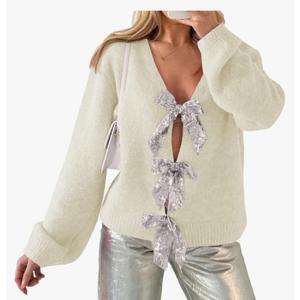 Womens Bow Sweater Cardigan Trendy Button Down Open Front Sweaters Sexy Knit Fall Coats M