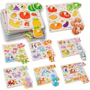 8Pcs Wooden Puzzle for Toddler 1-3, Peg Puzzles for Toddler 2-4, Montessori Learning Toys with Animals, Dinosaur, Fruits & More, Preschool Puzzle Set Educational Toys Toddler Gifts for Girls Boys