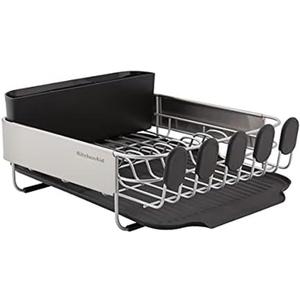 KitchenAid Compact, Space Saving Rust Resistant Dish Rack with Removable Flatware Caddy and Angled Self Draining Drainboard, 16.06-Inch, Black