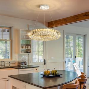 HAIXIANG Modern Chandelier Crystal LED Dimmable Ring Pendant Lights Adjustable Hanging Lighting Chandeliers Fixtures for Dining Room Bedroom Kitchen Island Table Silver Light