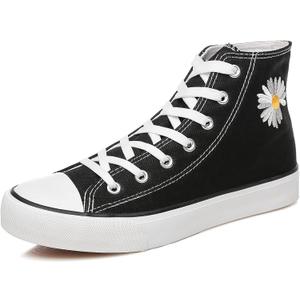 Womens Canvas Sneakers High Top Lace ups Casual Walking Shoes (9, Black Daisy)
